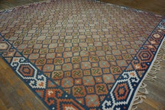 1930s Blue Tribal Shape Antique Indian Cotton Dhurrie Carpet 15'x15'7" Wool Rug
