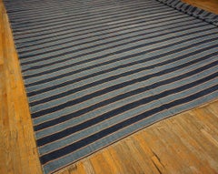 1920s Blue Stripe Antique Indian Cotton Dhurrie Carpet 16'8"x16'9" Flatweave Rug
