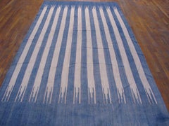 1930s Blue White Stripe Antique Indian Dhurrie Carpet 5'10" x 10'9" Cotton Rug
