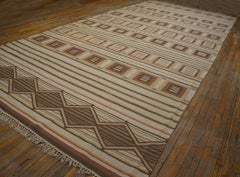 1960s Beige Abstract Vintage Indian Dhurrie Rug 8'10"x19'2" Woven Wool Carpet