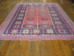 Vintage Mid Century Modern Geometric Coral Indian Flatweave Cotton Dhurrie Rug