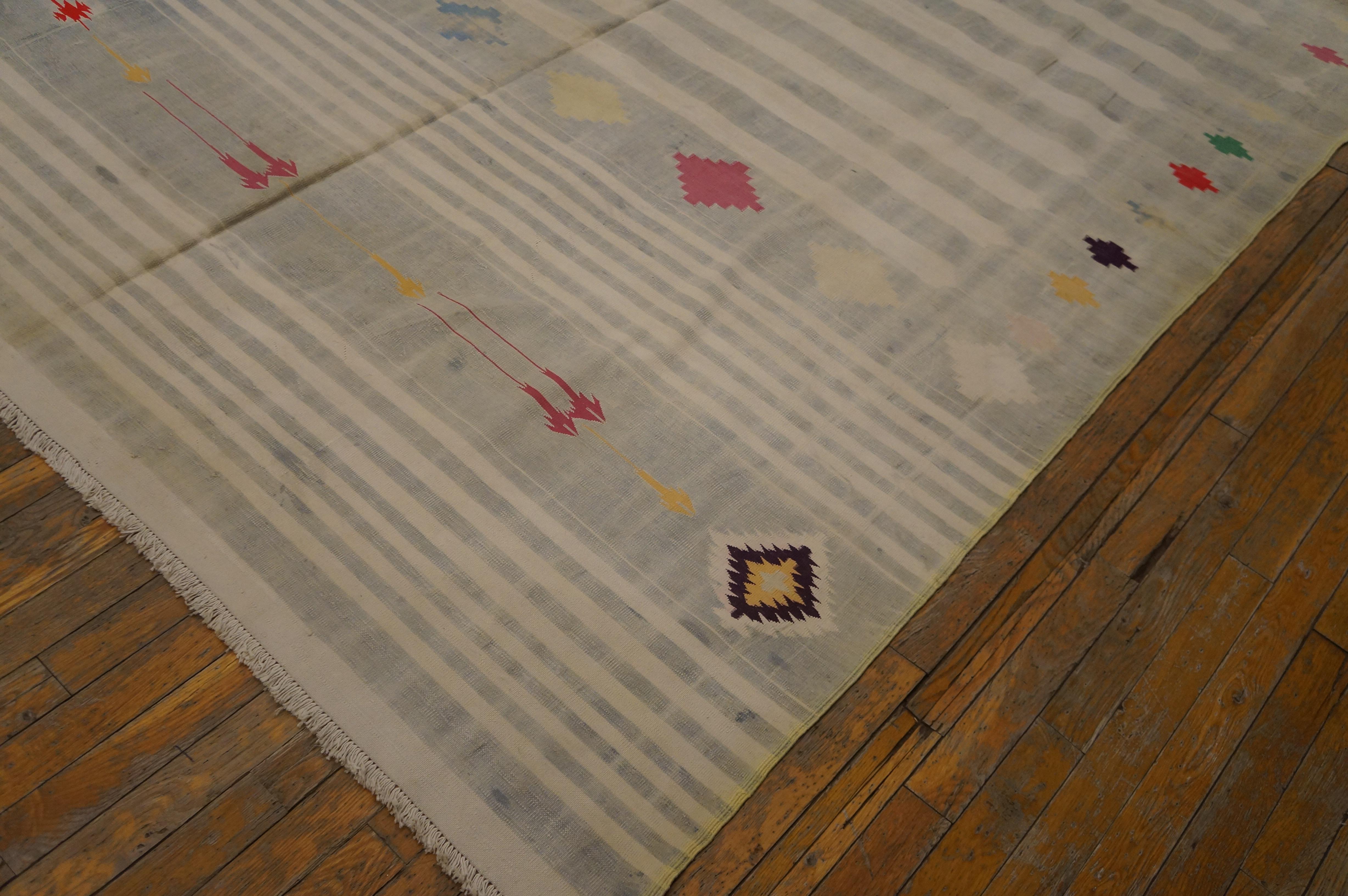 Early 20th Century 1920s Indian Cotton Dhurrie Flat-weave Carpet ( 9'7