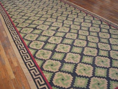 1920s Tan Green Geometric Antique Indian Dhurrie Rug 9'8" x 19'6" Cotton Carpet