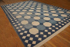 1910s Blue and Ivory Antique Indian Dhurrie Rug 12'3" x 19' Octagon Pattern