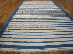 1930s Blue White Stripe Antique Indian Cotton Dhurrie Carpet 10'8"x22' Woven Rug