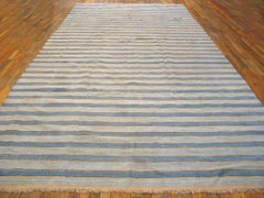 1940s Blue White Yellow Stripe Antique Indian Dhurrie Rug 7'6"x15'9" Cotton Rug