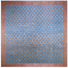 Astonishing WaveFret Border With Red Diamond Design Square Indian Dhurrie Rug