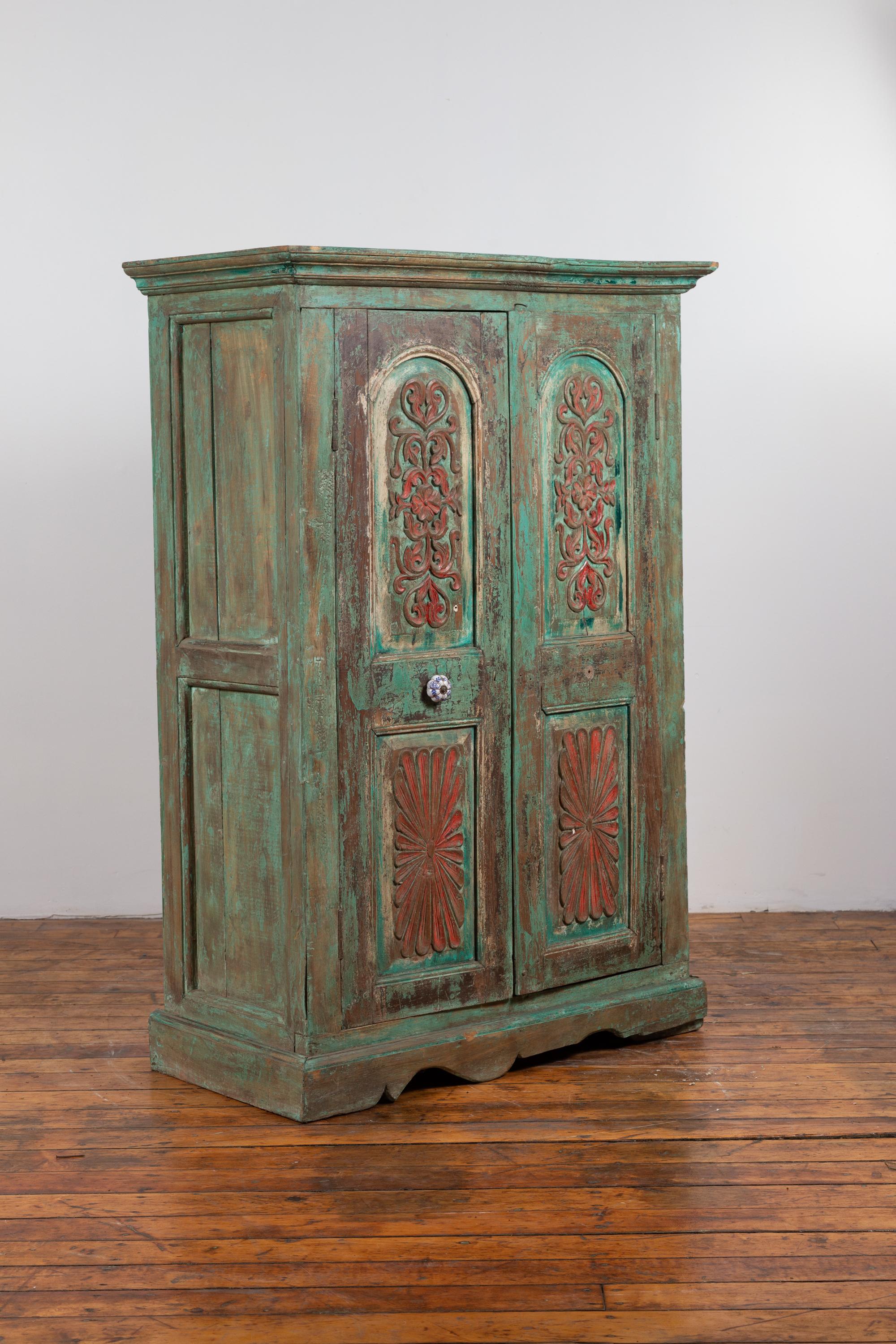 Indian Distressed Green Painted Wooden Wardrobe Cabinet with Red Accents 3