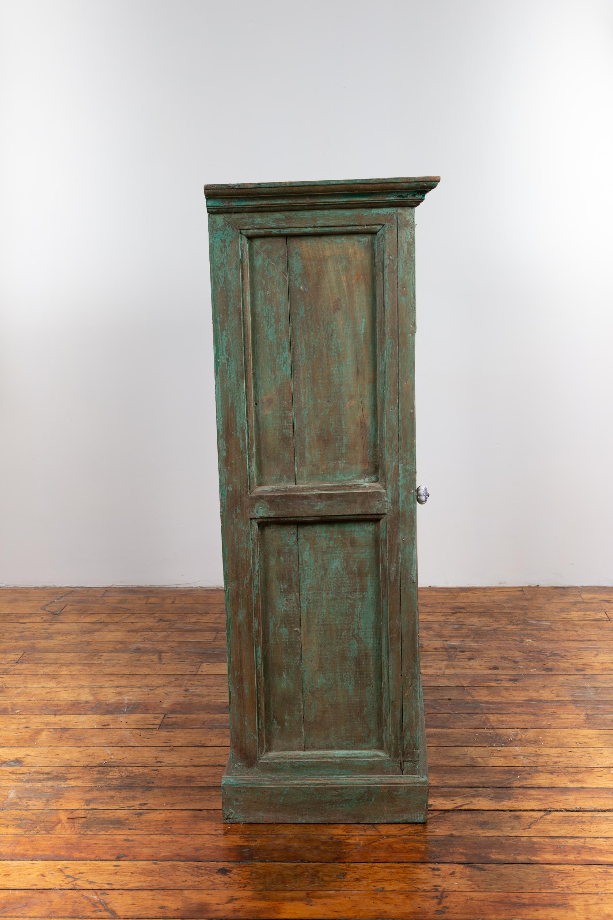Indian Distressed Green Painted Wooden Wardrobe Cabinet with Red Accents 5