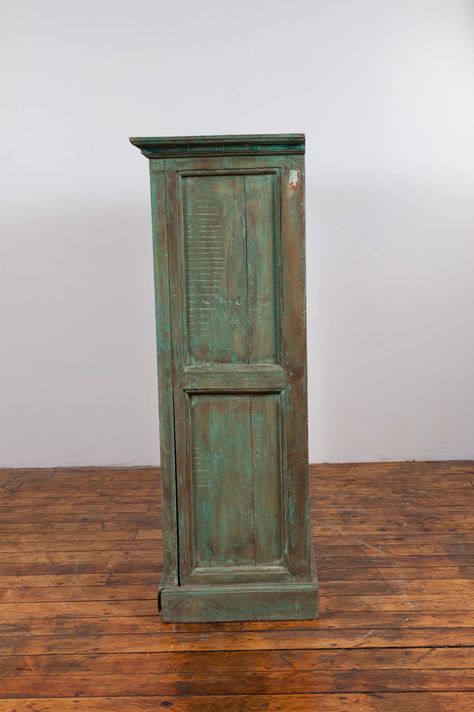 Indian Distressed Green Painted Wooden Wardrobe Cabinet with Red Accents 7