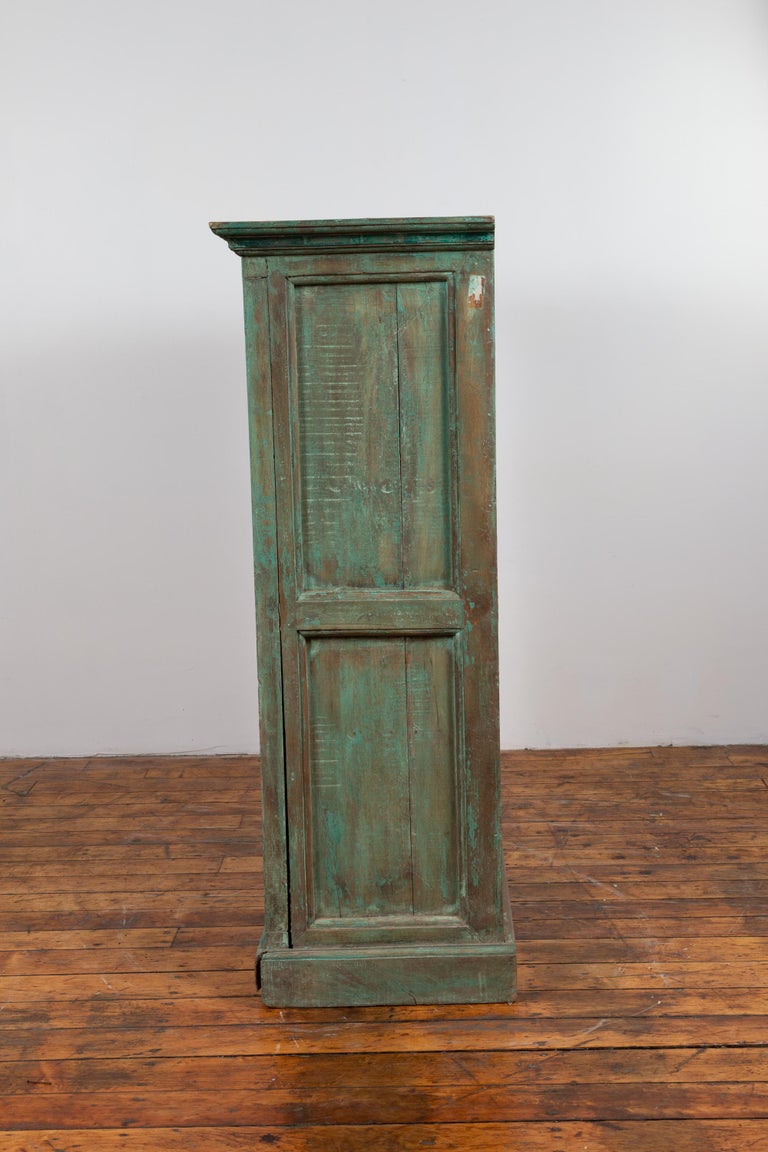 Indian Distressed Green Painted Wooden Wardrobe with Red