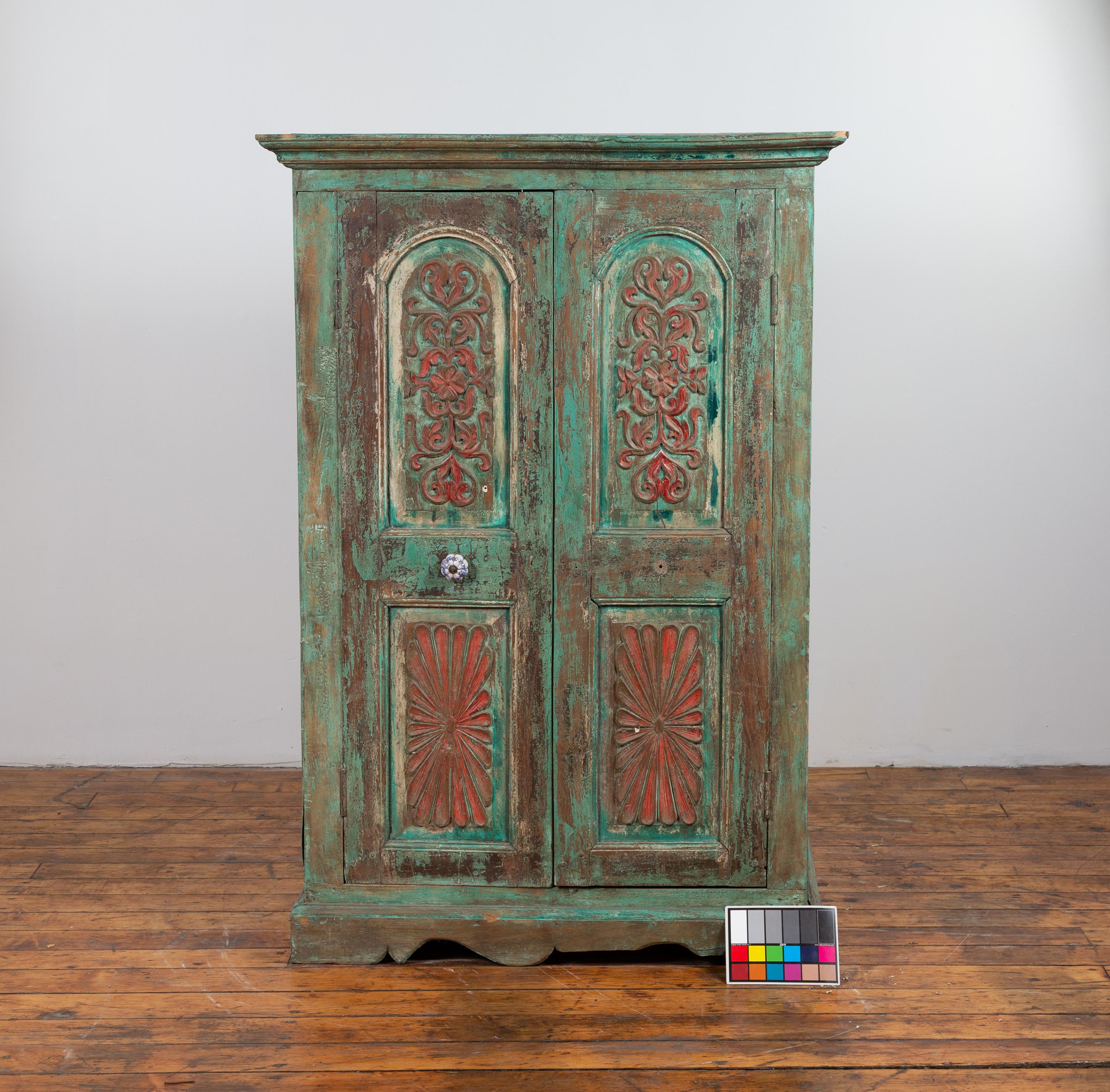 Indian Distressed Green Painted Wooden Wardrobe Cabinet with Red Accents 8