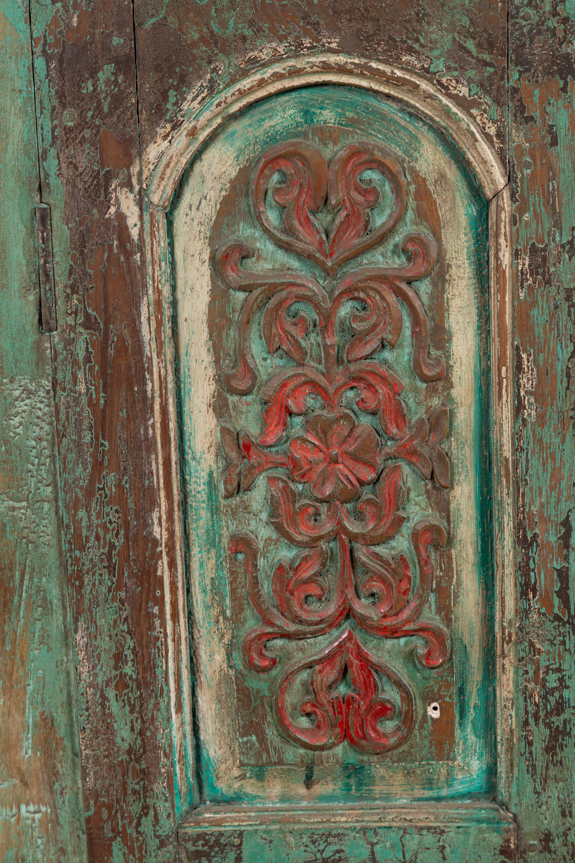 Hand-Carved Indian Distressed Green Painted Wooden Wardrobe Cabinet with Red Accents