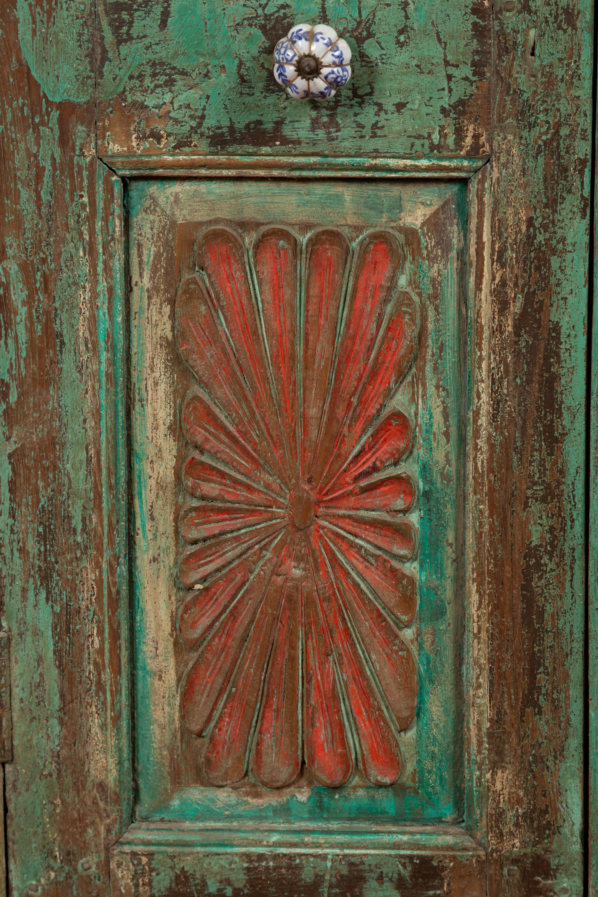 Indian Distressed Green Painted Wooden Wardrobe Cabinet with Red Accents In Good Condition In Yonkers, NY