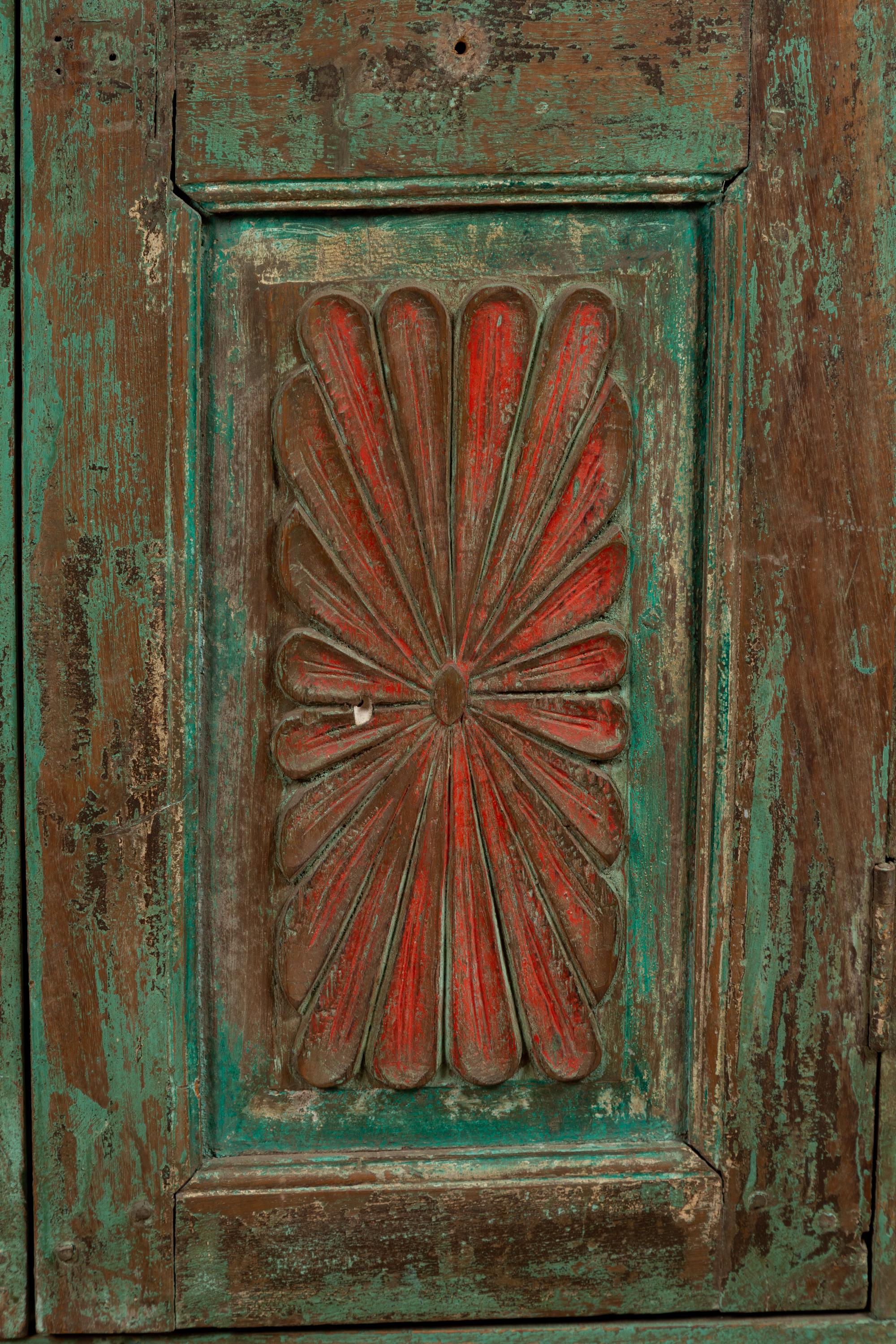 20th Century Indian Distressed Green Painted Wooden Wardrobe Cabinet with Red Accents