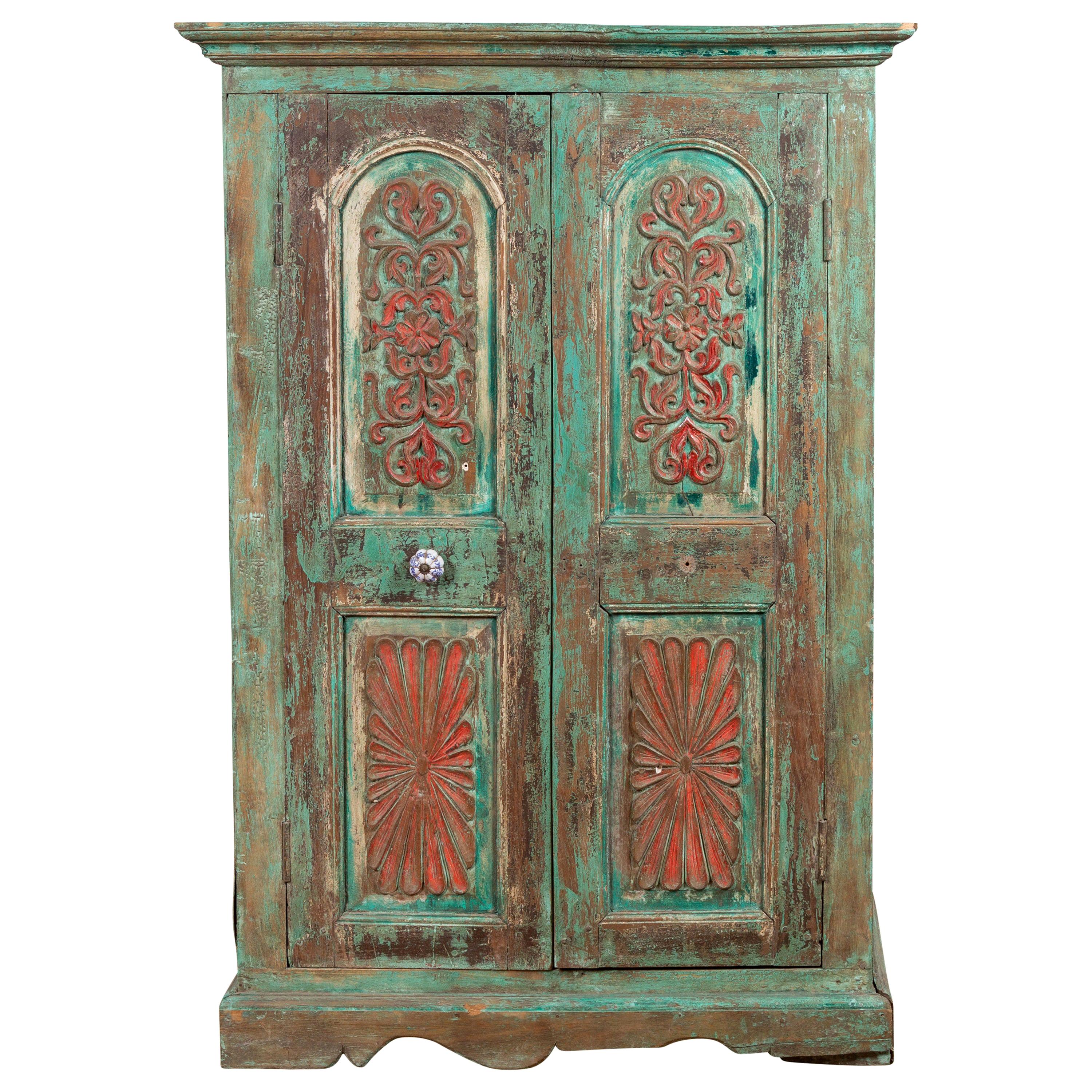 Indian Distressed Green Painted Wooden Wardrobe Cabinet with Red Accents