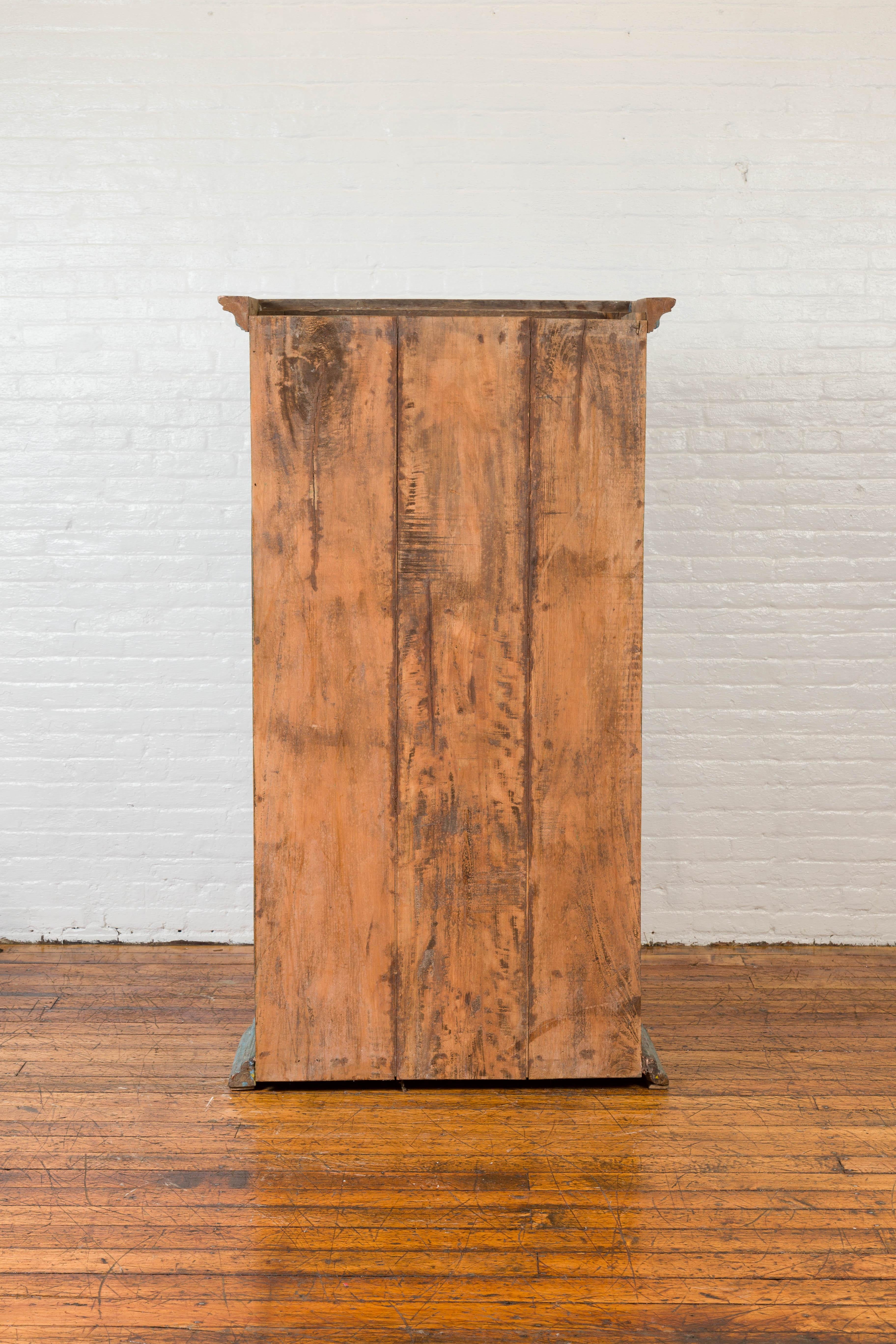 Antique Distressed Carved Wooden Cabinet with Hand Rubbed Blue Patina For Sale 2