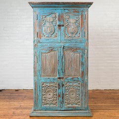 Antique Distressed Carved Wooden Cabinet with Hand Rubbed Blue Patina