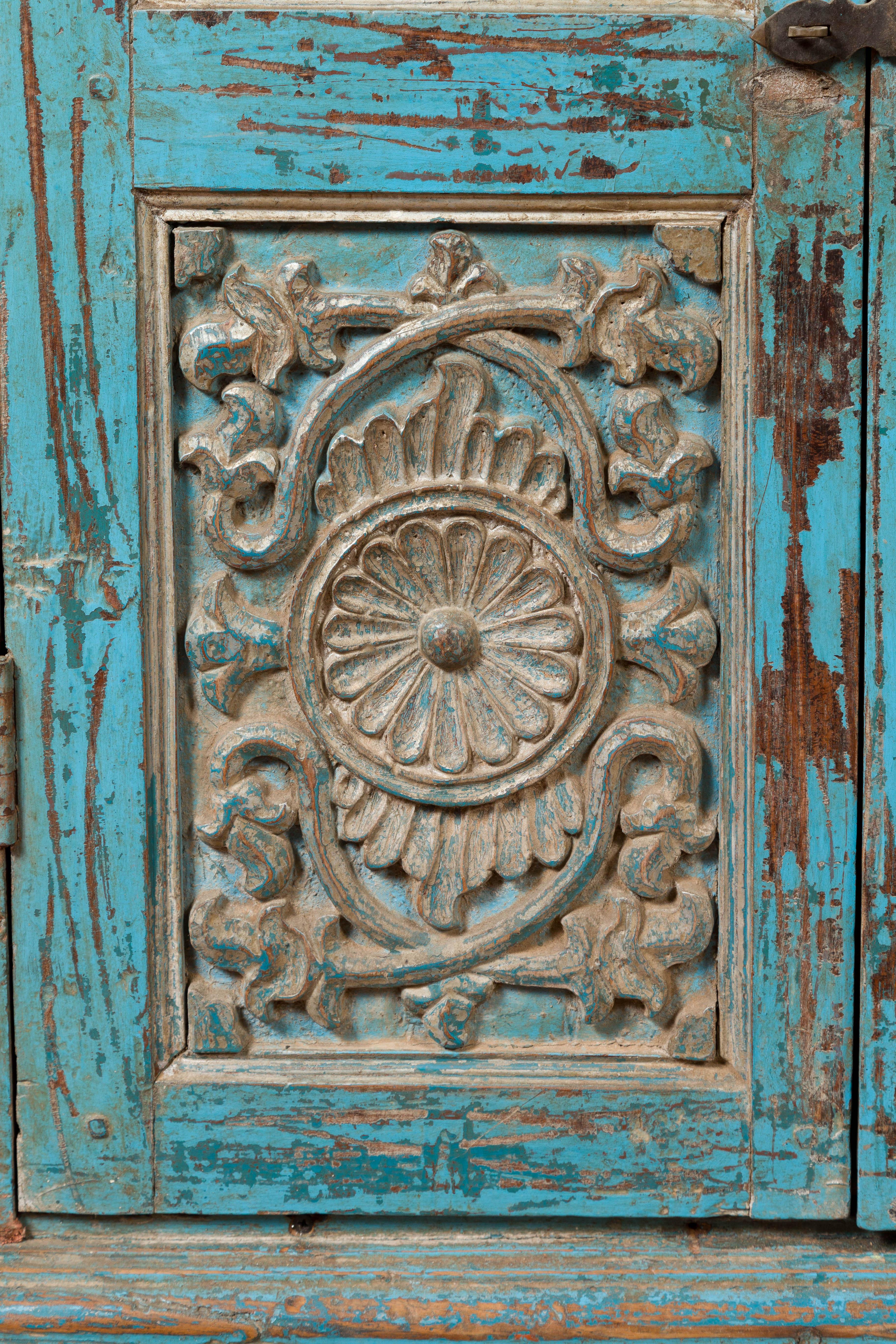 Indian Antique Distressed Carved Wooden Cabinet with Hand Rubbed Blue Patina For Sale