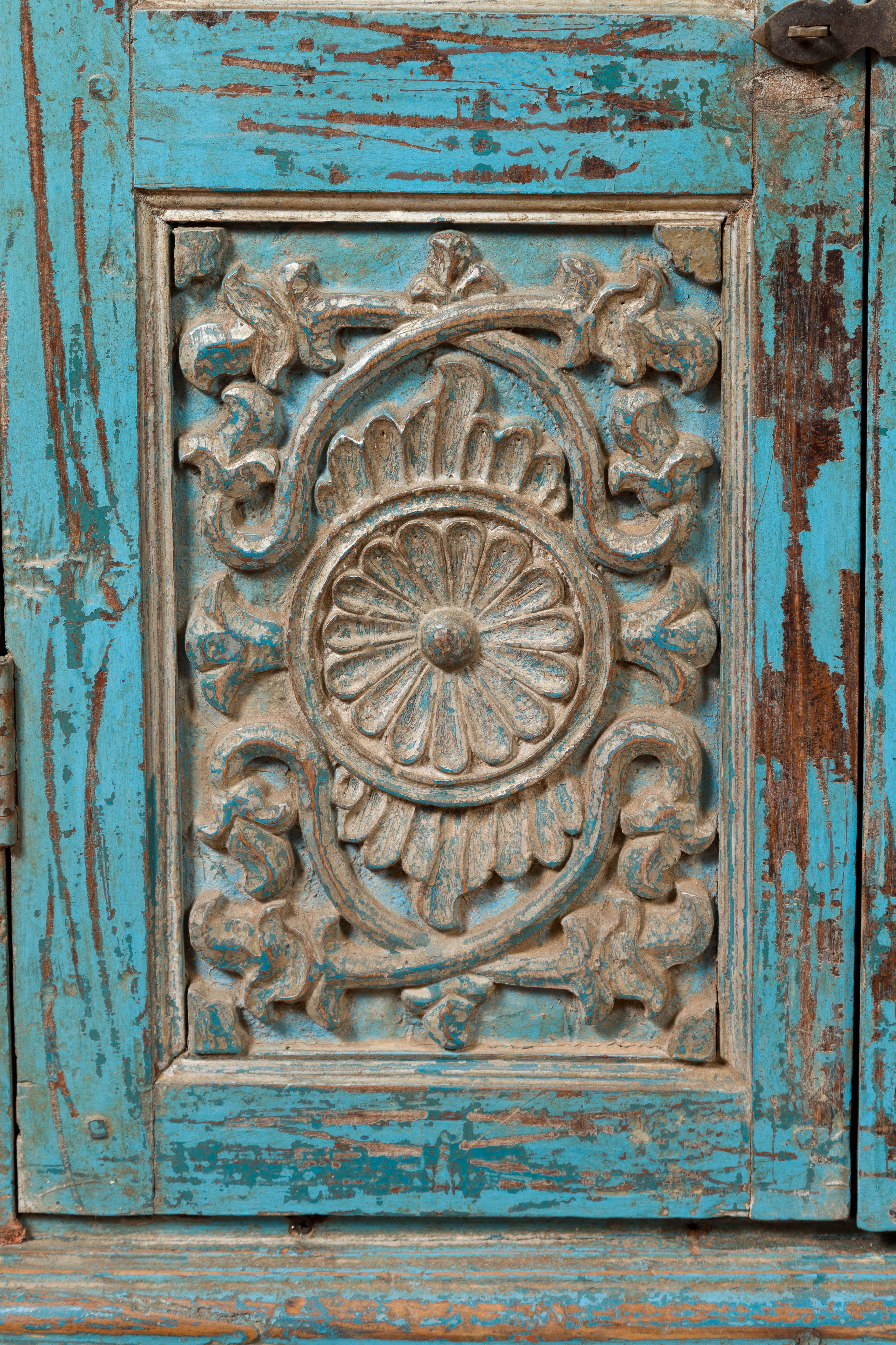 Hand-Carved Antique Indian Distressed Wooden Cabinet with Hand Rubbed Blue Patina For Sale