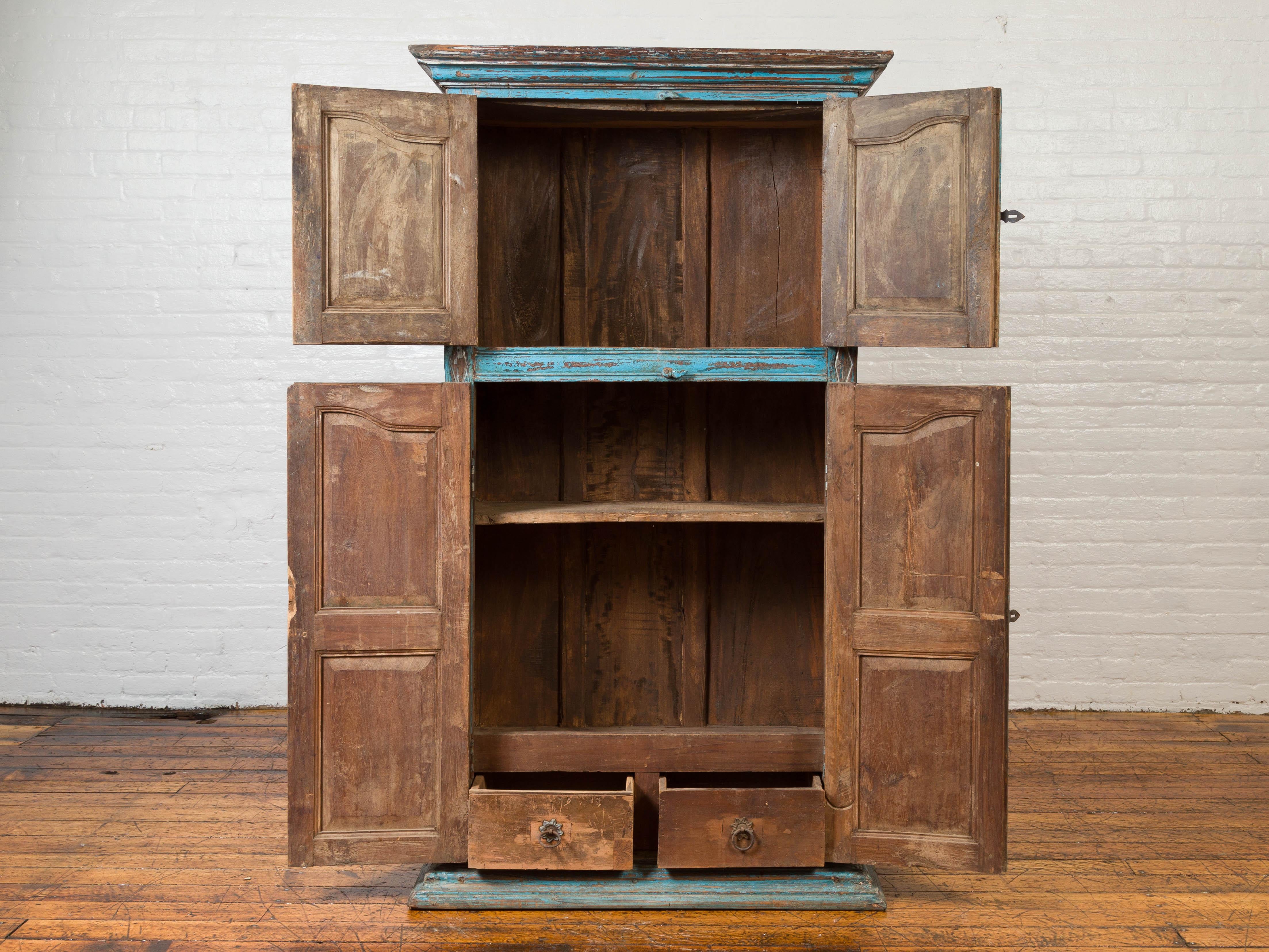 19th Century Antique Indian Distressed Wooden Cabinet with Hand Rubbed Blue Patina For Sale
