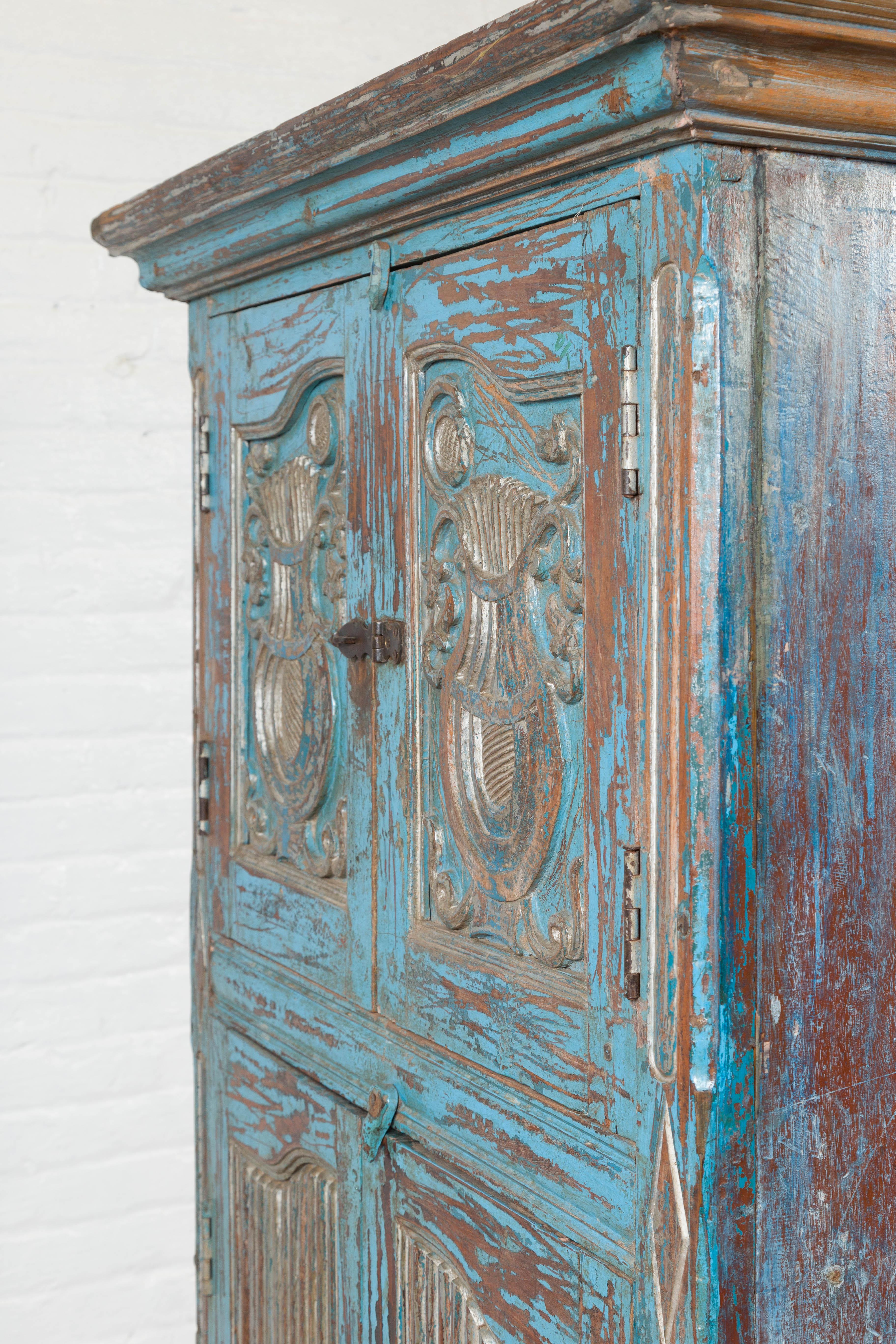 Antique Indian Distressed Wooden Cabinet with Hand Rubbed Blue Patina For Sale 1