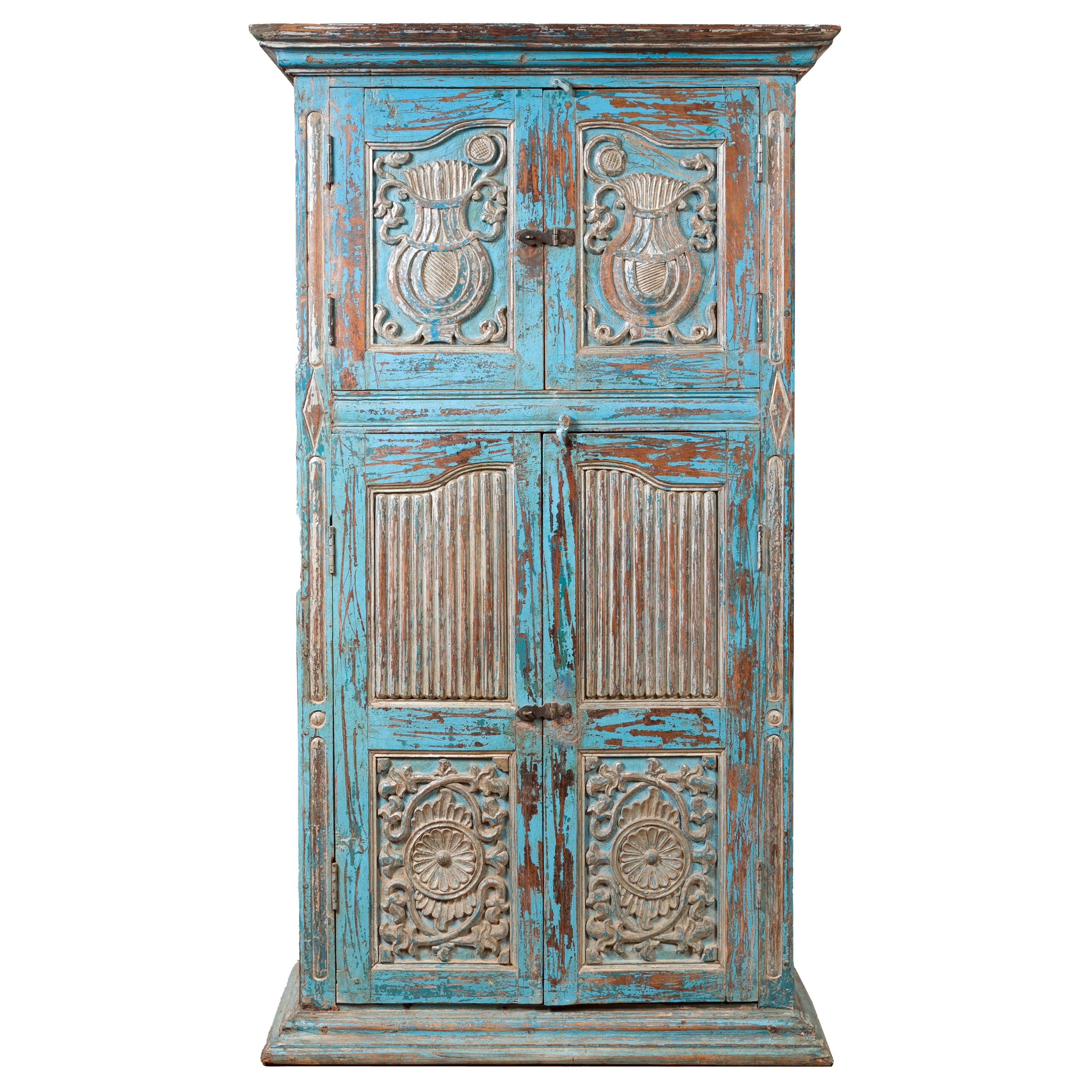 Antique Indian Distressed Wooden Cabinet with Hand Rubbed Blue Patina