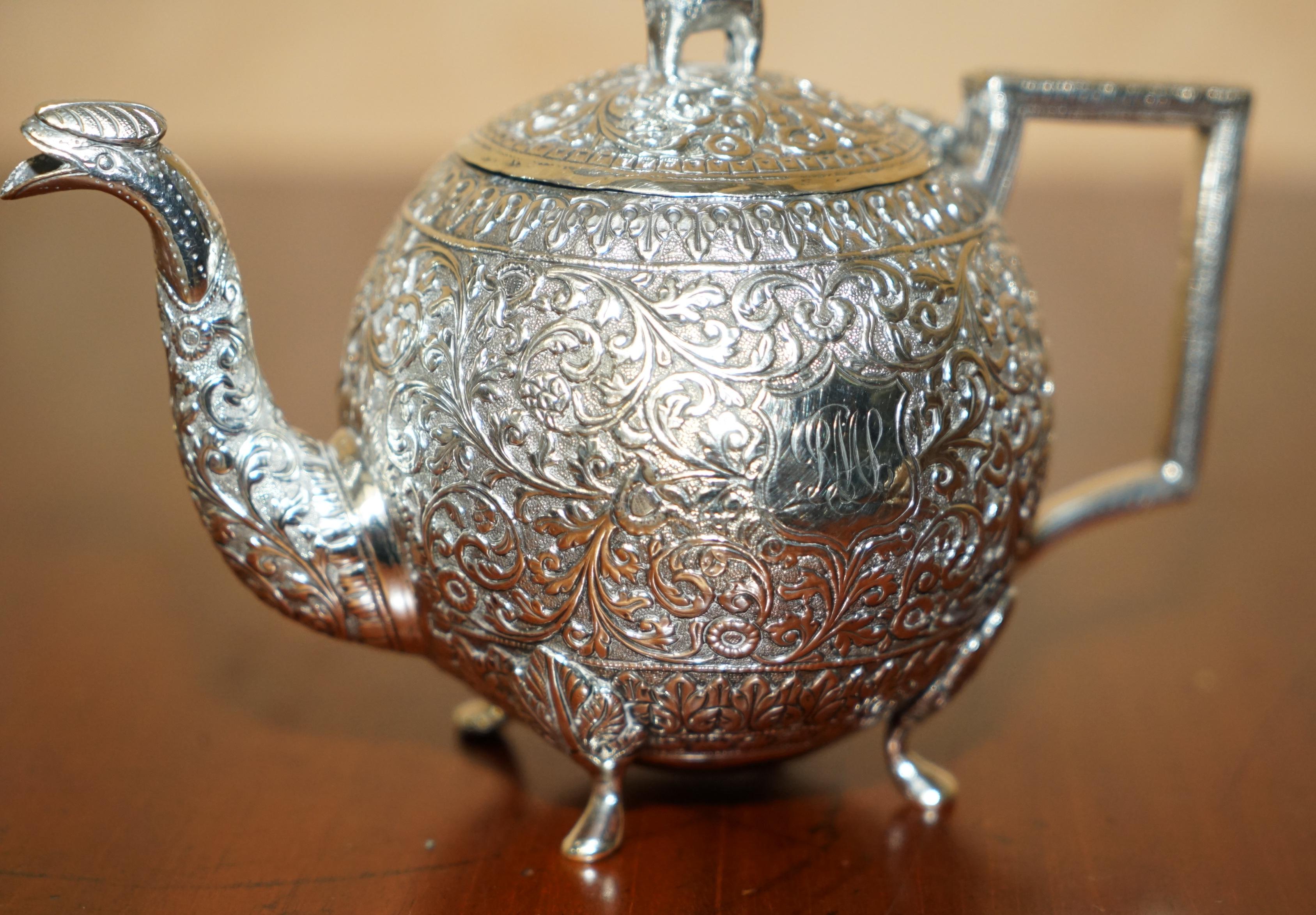 Indian ANTIQUE INDIAN ELEPHANT COLONIAL SOLiD SILVER TEA SERVICE OOMERSI MAWJI & SONS For Sale
