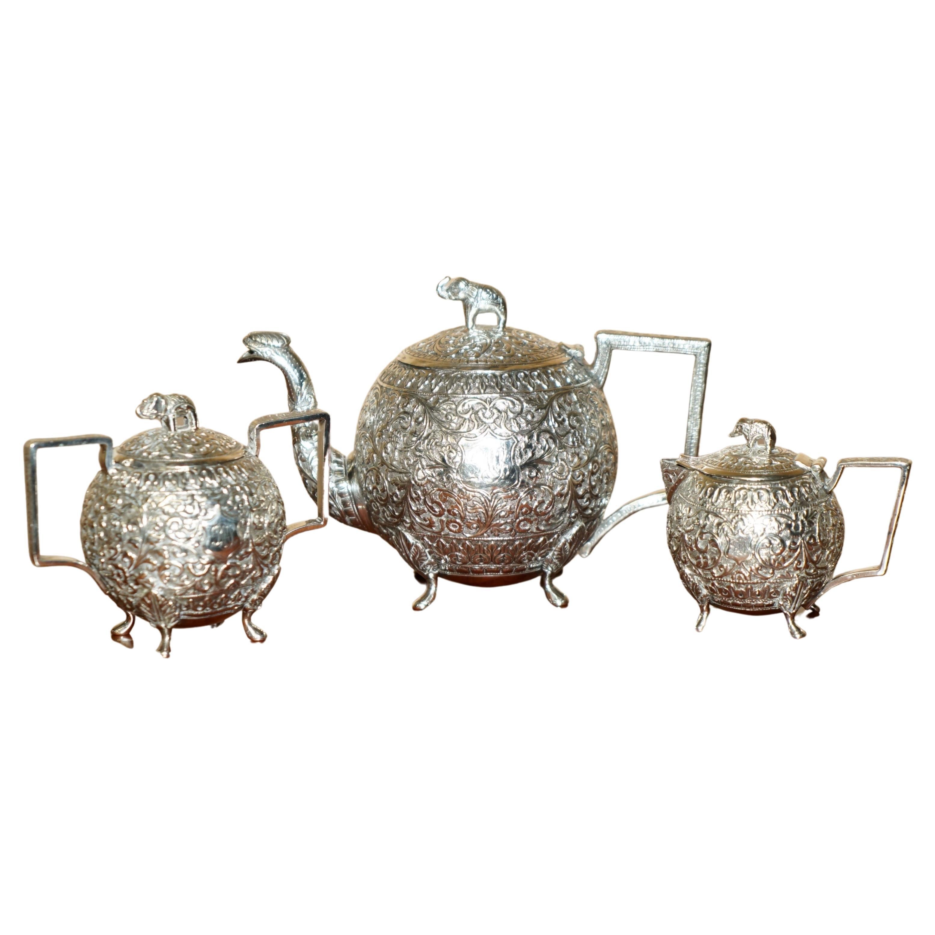 ANTIQUE INDIAN ELEPHANT COLONIAL SOLiD SILVER TEA SERVICE OOMERSI MAWJI & SONS For Sale