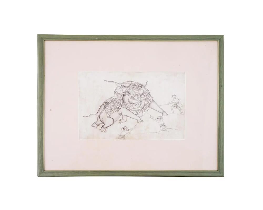 An antique Indian drawing in pencil on paper, portraying a dramatic battle scene featuring two elephants. Such artworks reflect the rich artistic traditions of India and are known for their intricate detailing and storytelling elements. In this