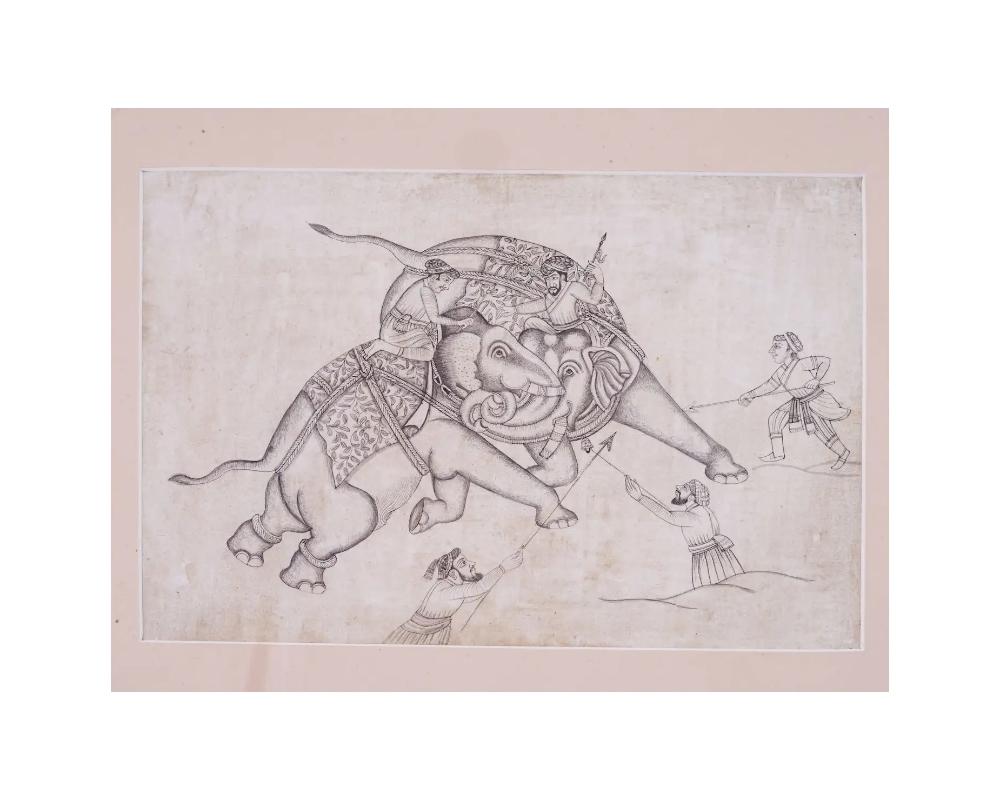 Unknown Antique Indian Elephant Drawing Framed