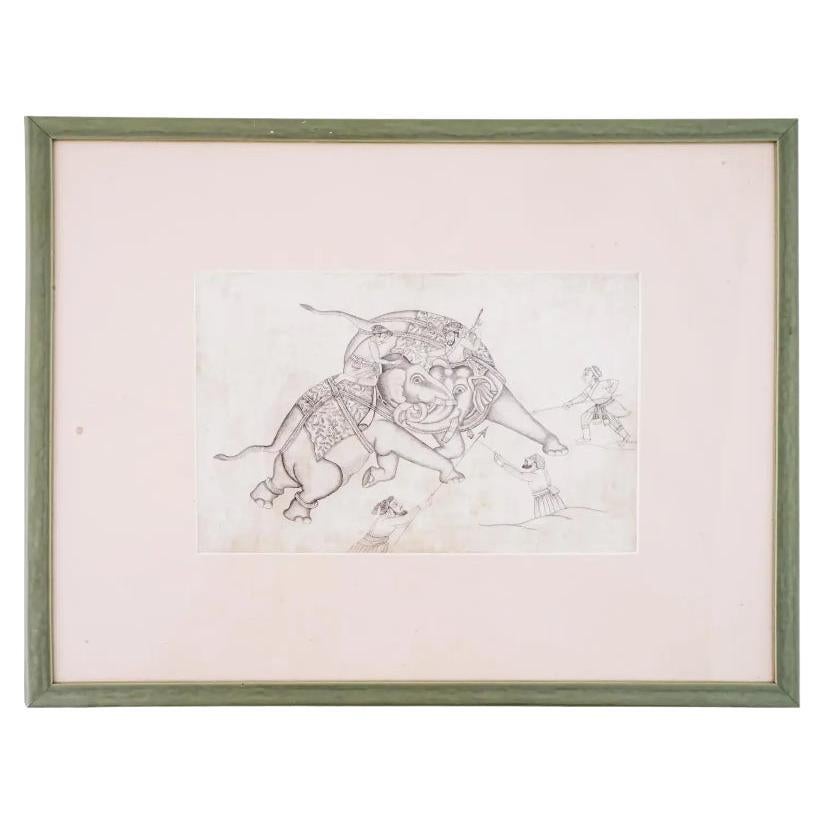 Antique Indian Elephant Drawing Framed