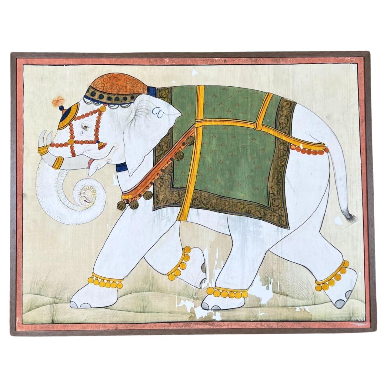 Antique Indian Elephant Painting on Silk For Sale