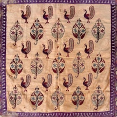 Antique Indian Embroidered Silk Peacock Ceremonial Textile Panel Acrylic Frame