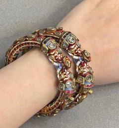 Antique Indian Enamel and Diamond Elephant Bangles