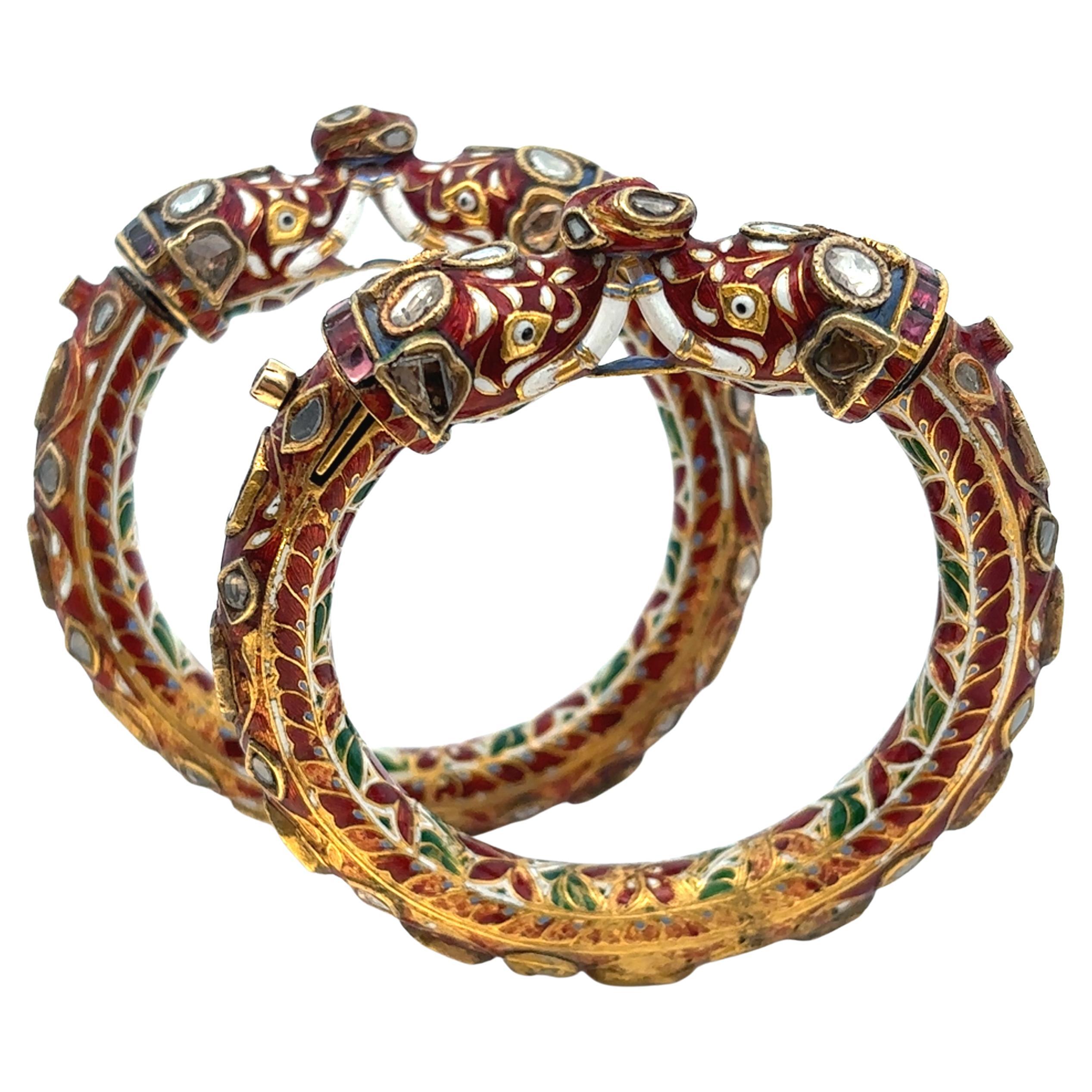 Antique Indian Enamel and Diamond Elephant Bangles For Sale