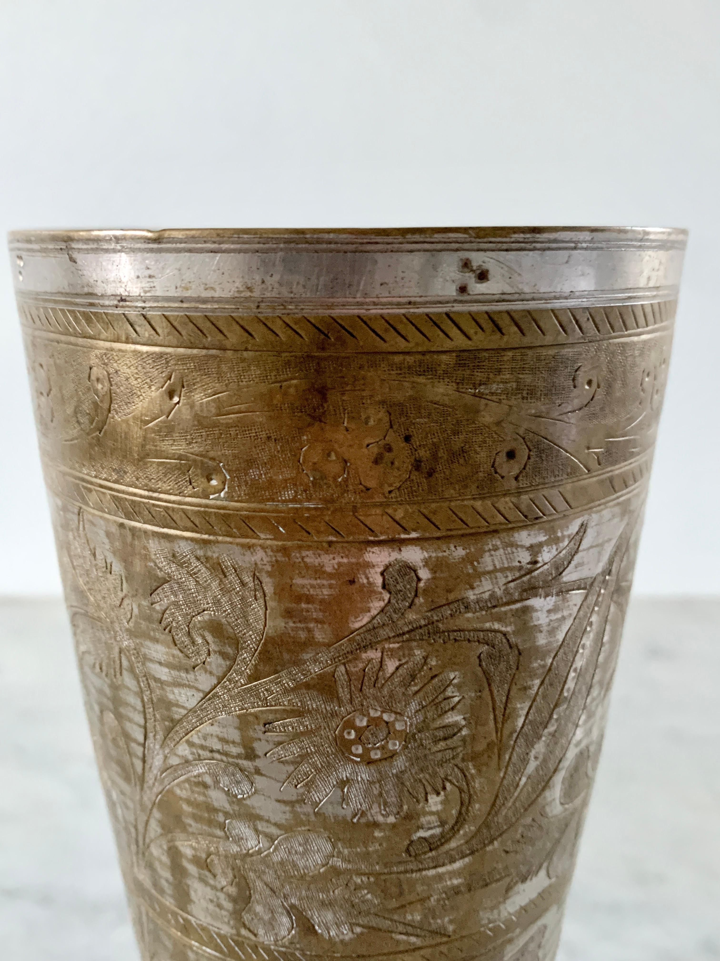 Antique Indian Etched Brass Metal Lassi Cups or Vases, Pair For Sale 2