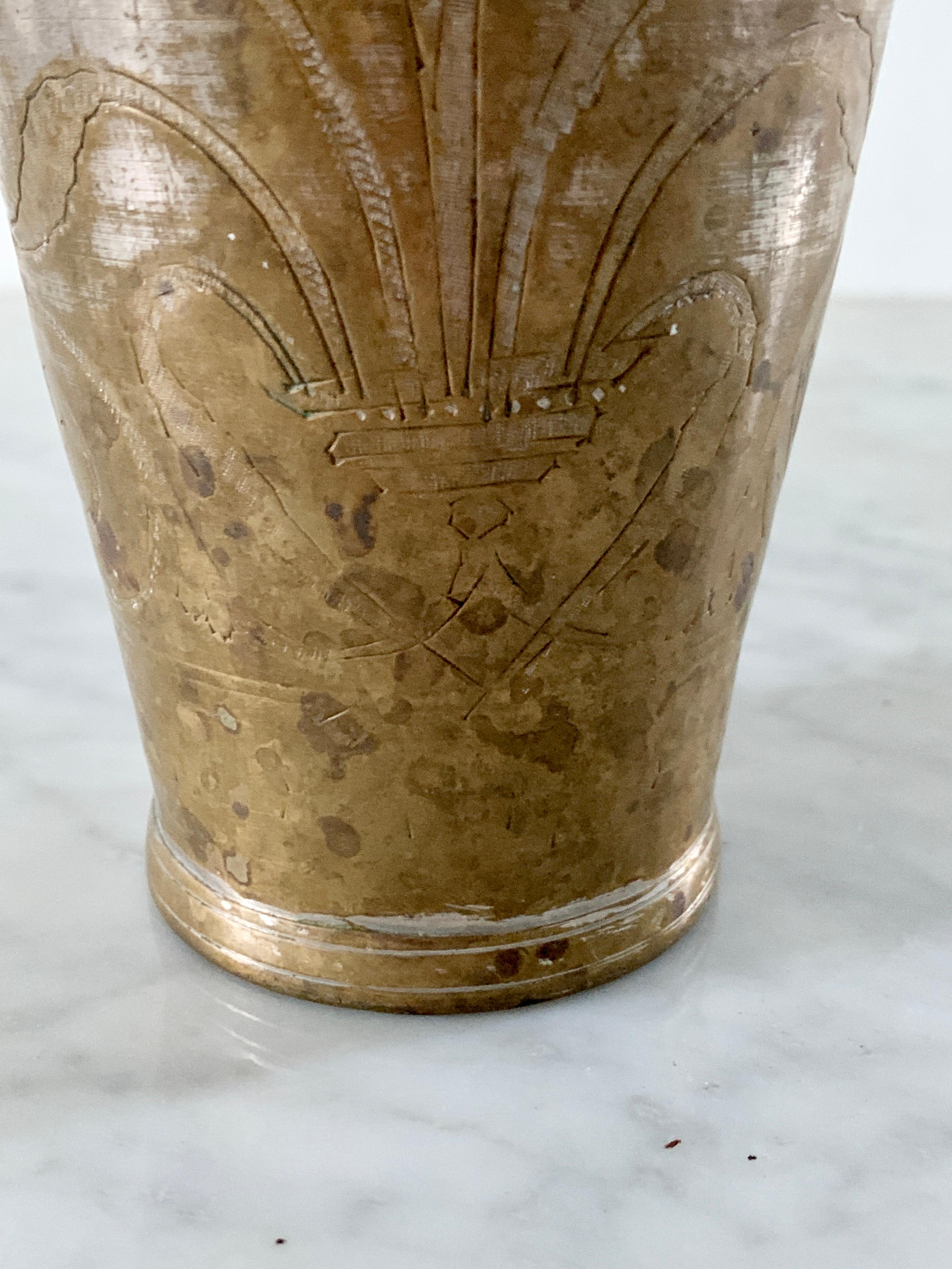 Antique Indian Etched Brass Metal Lassi Cups or Vases, Pair For Sale 4