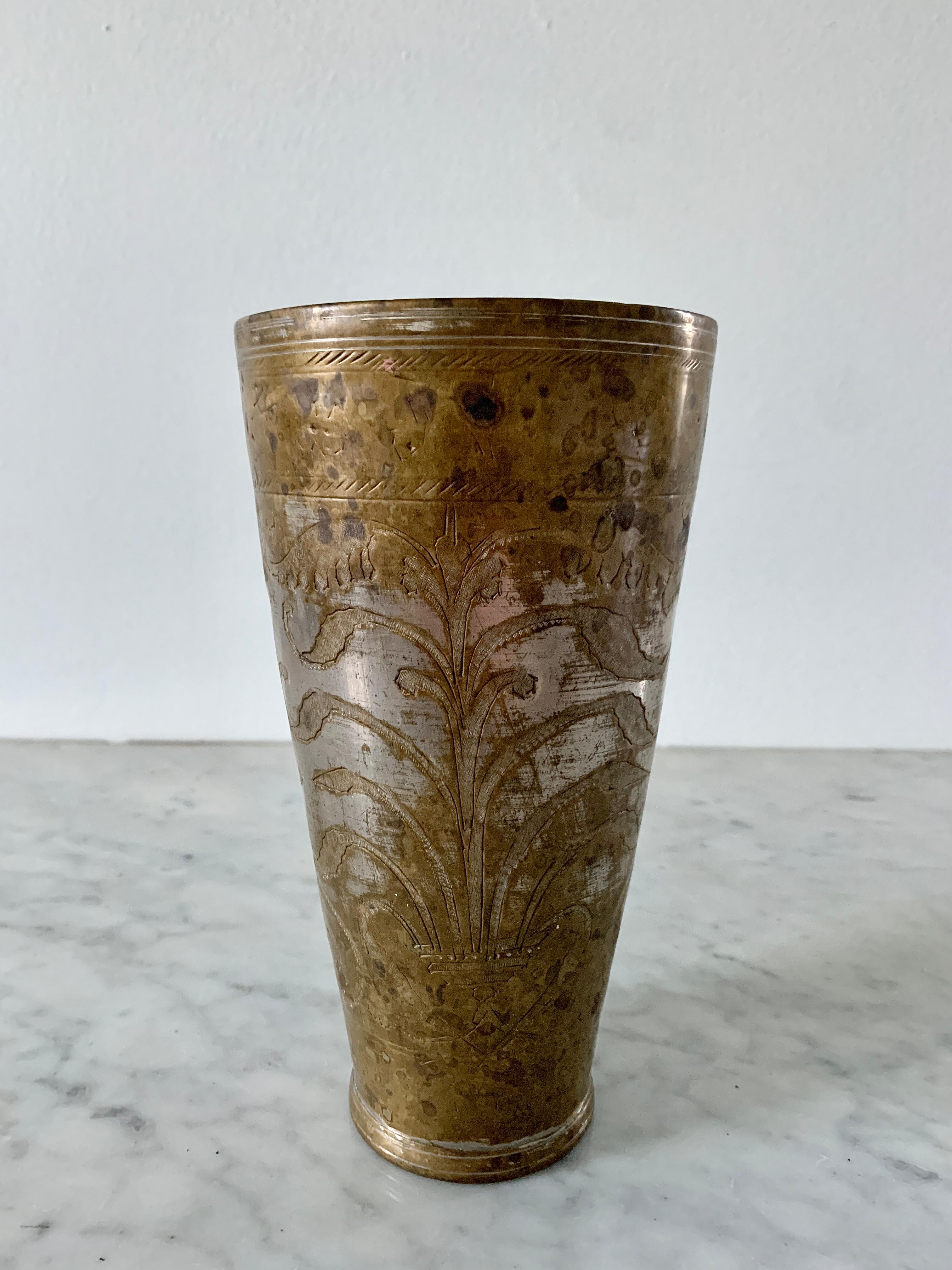 Antique Indian Etched Brass Metal Lassi Cups or Vases, Pair In Good Condition For Sale In Elkhart, IN