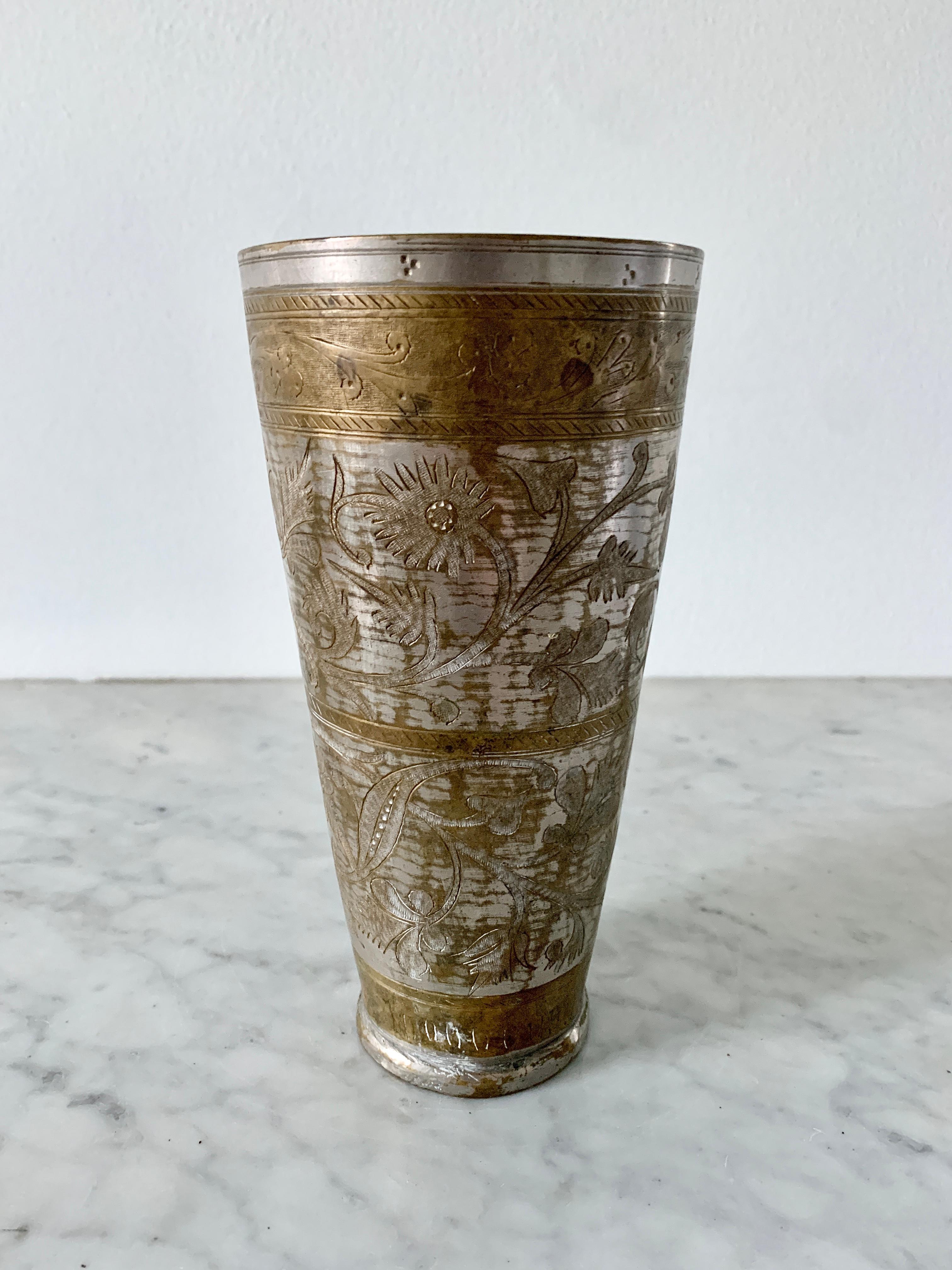 20th Century Antique Indian Etched Brass Metal Lassi Cups or Vases, Pair For Sale