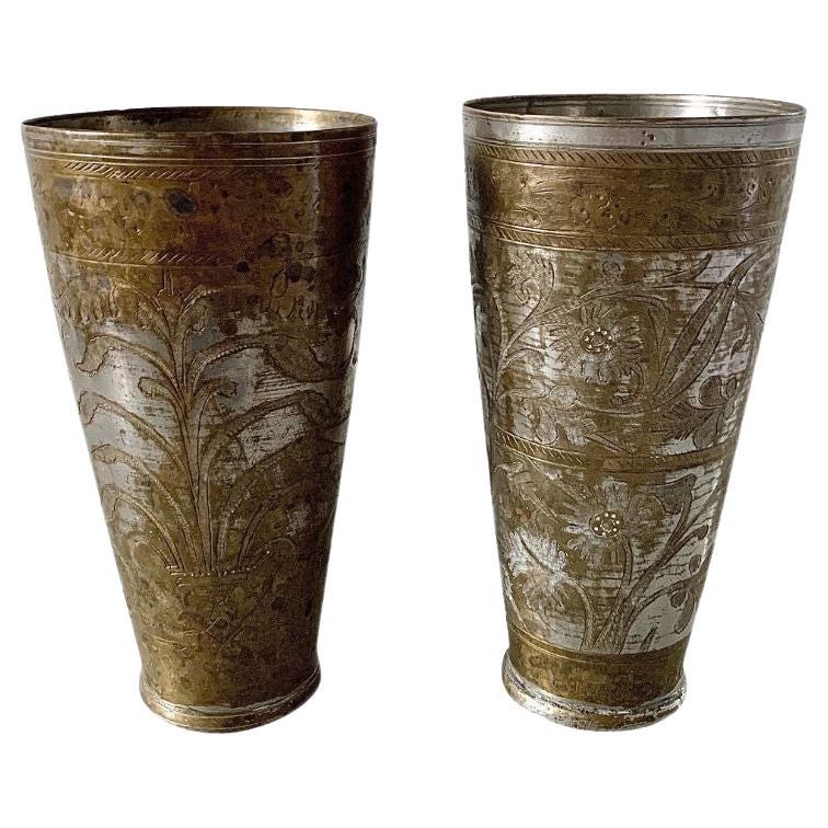 Antique Indian Etched Brass Metal Lassi Cups or Vases, Pair For Sale