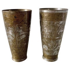 Antique Indian Etched Brass Metal Lassi Cups or Vases, Pair