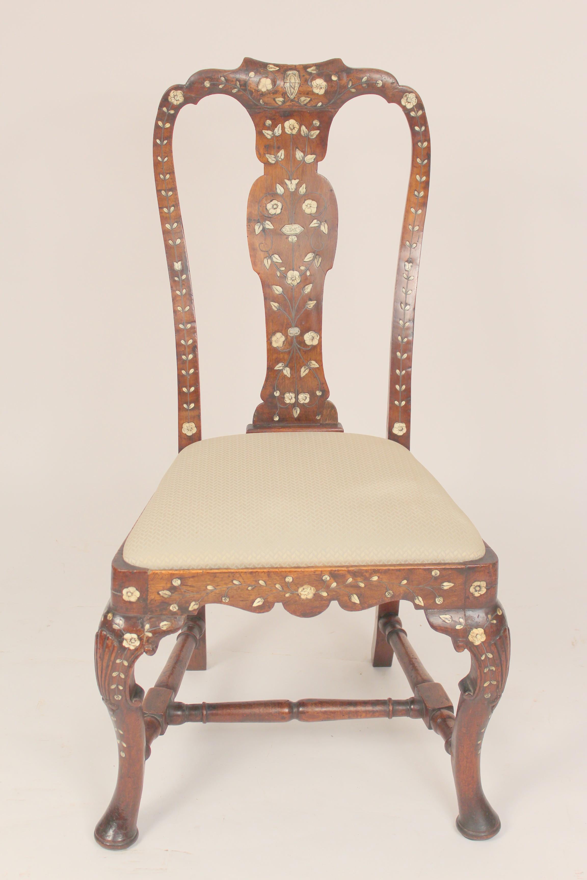 Antique Indian export bone inlaid Queen Anne style side chair, 19th century. Seat dimensions, depth 15.5