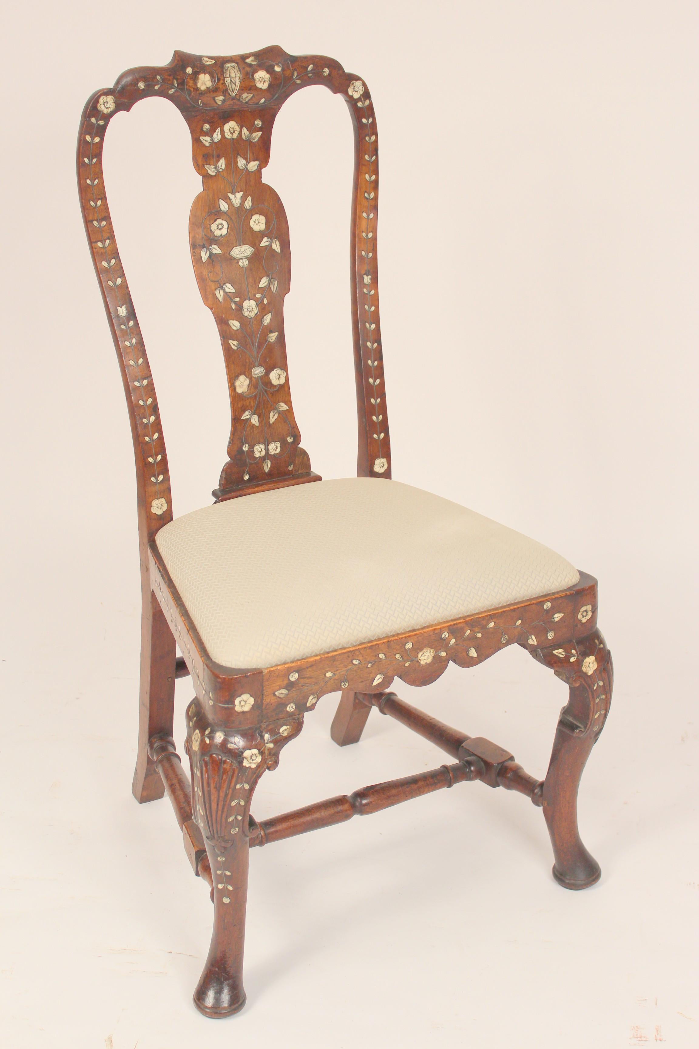 Antique Indian Export Bone Inlaid Queen Anne Style Side Chair In Good Condition In Laguna Beach, CA