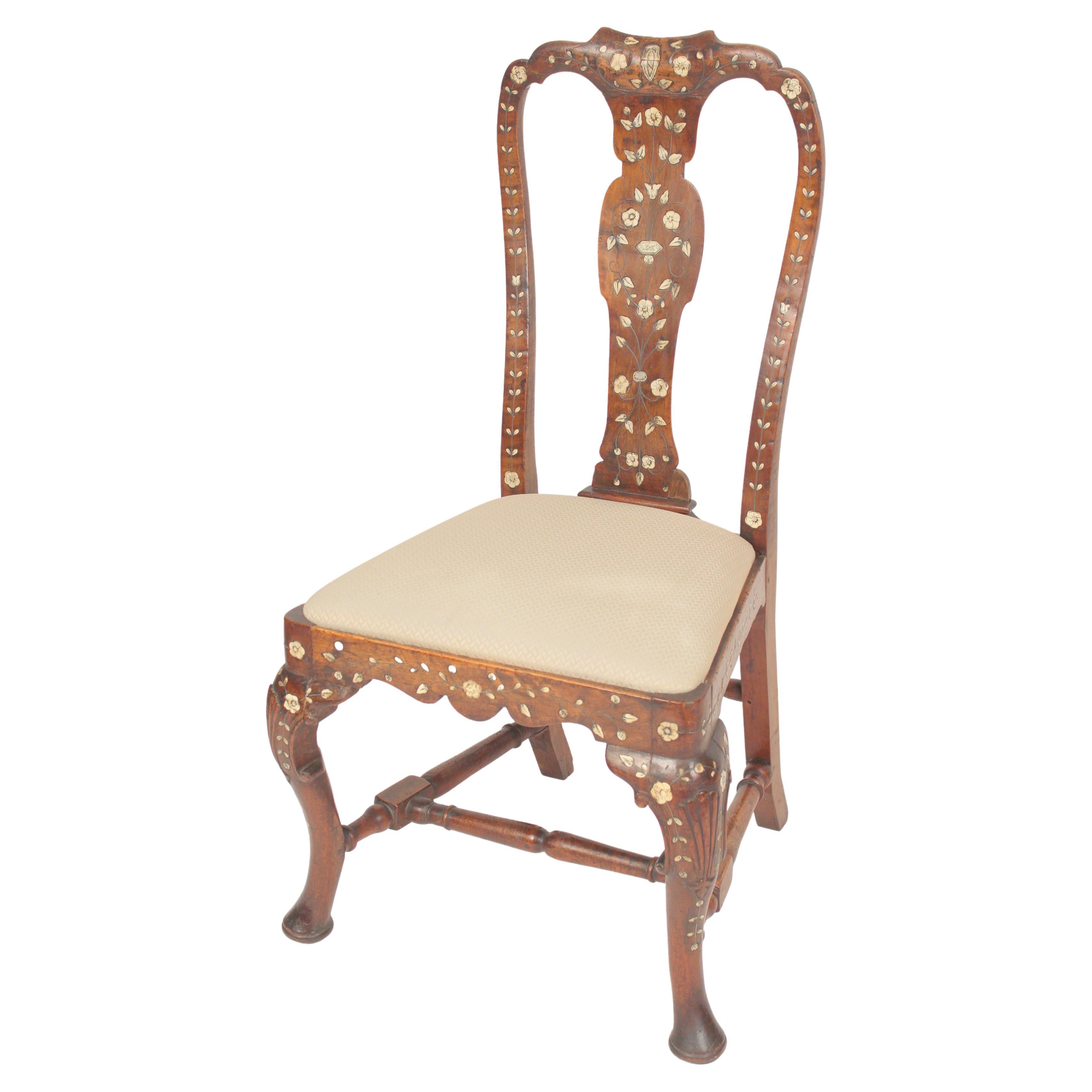 Antique Indian Export Bone Inlaid Queen Anne Style Side Chair