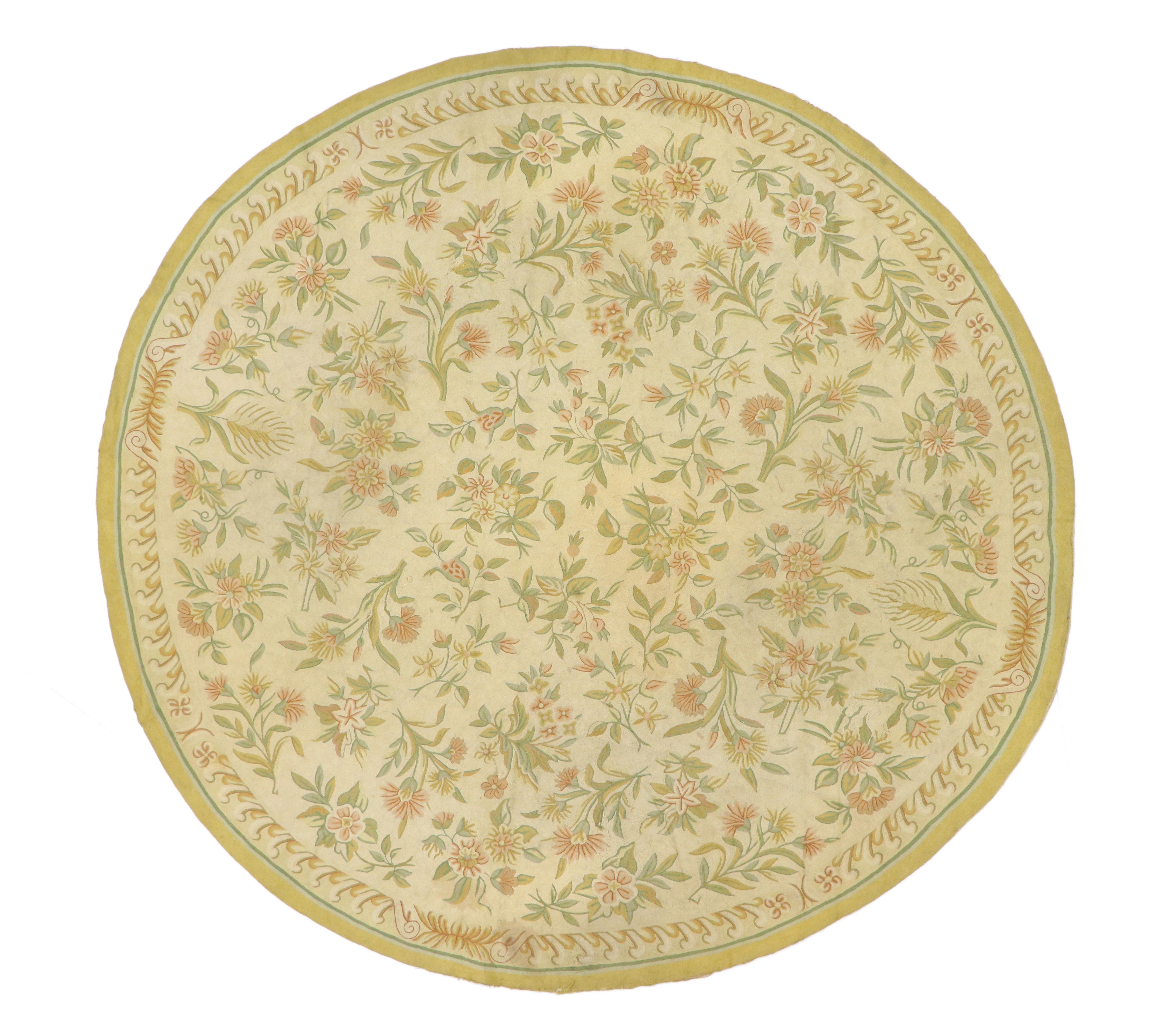 Antique Indian Floral Chainstitch Round Area Rug For Sale 3