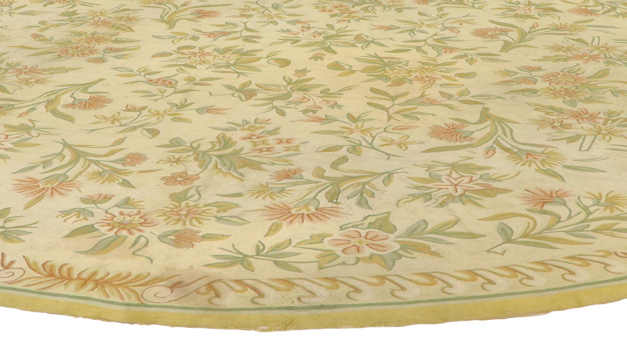 French Provincial Antique Indian Floral Chainstitch Round Area Rug For Sale