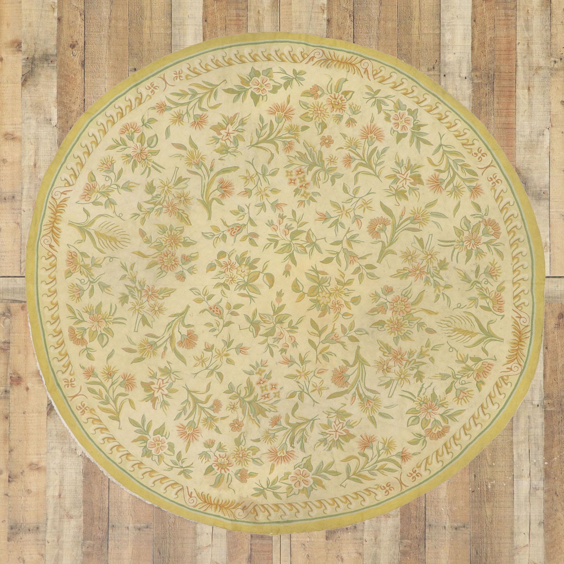 Antique Indian Floral Chainstitch Round Area Rug For Sale 2