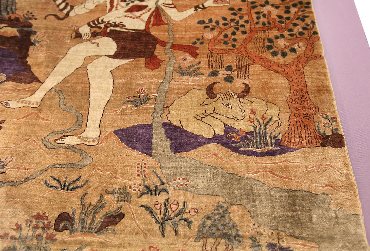 Hand-Knotted Antique Indian God Design Silk Extremely Fine Deccani Rug, 1900-1920 For Sale