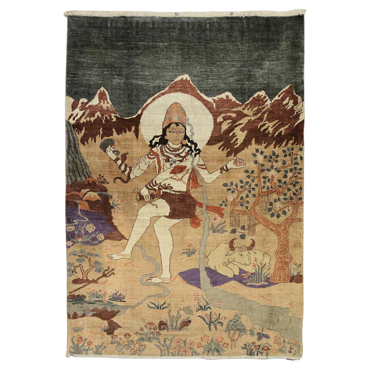 Antique Indian God Design Silk Extremely Fine Deccani Rug, 1900-1920 For Sale